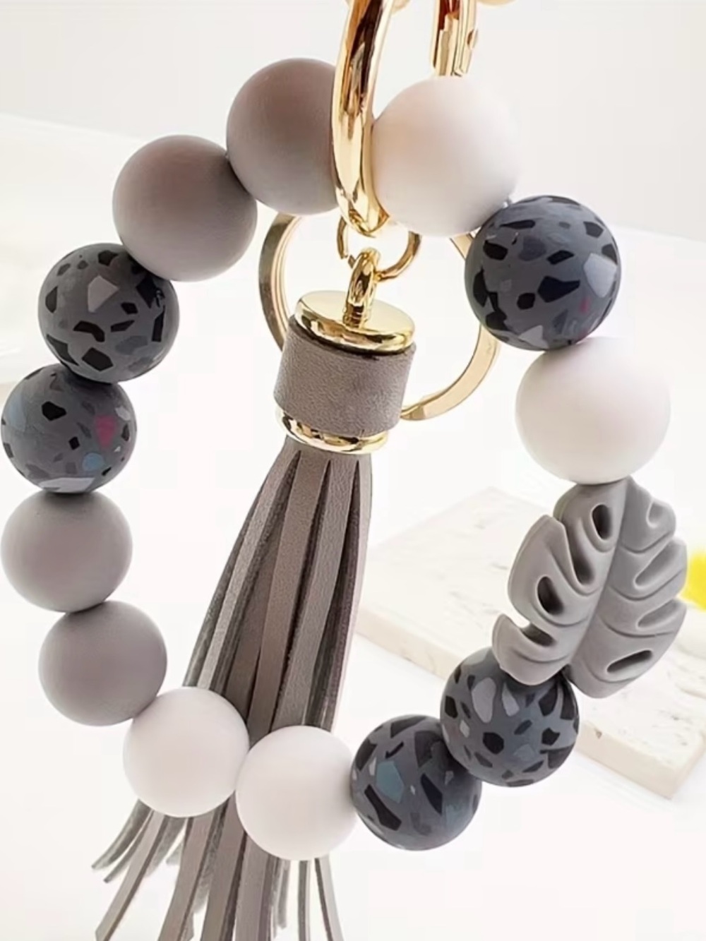 Gray Beaded Tassel Keyring & Card Holder Bracelet